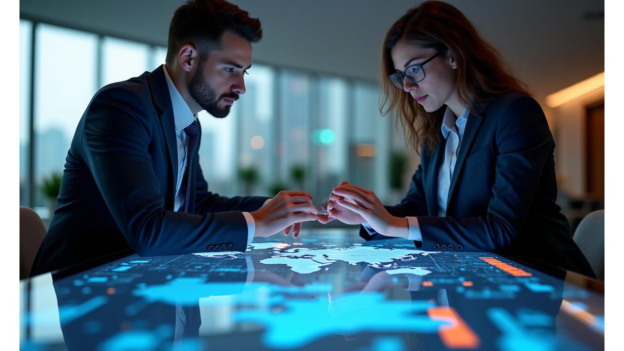 Professional imagery of business leaders collaborating across digital interfaces, symbolizing cross-border business planning and strategic decision-making. Features subtle dual-country flag elements with modern office aesthetics.