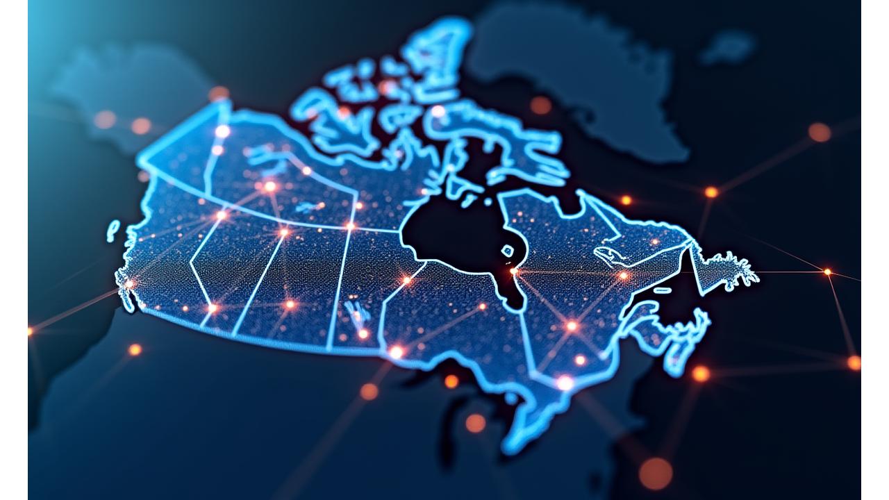Illustration of a dynamic financial network spanning the US and Canada, symbolizing cross-border wealth management expertise. Abstract lines connect key cities like Toronto and New York, with subtle data visualizations and a glowing accent color path indicating optimized financial flow.
