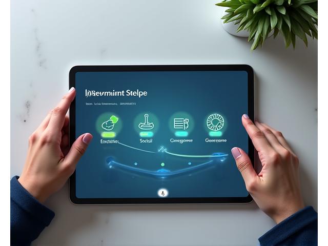 Illustration of a person customizing an investment portfolio on a tablet, with icons representing different ESG factors.