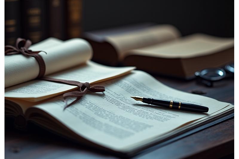 Close-up of meticulously organized legal documents, an inkwell, and a quill pen, symbolizing estate administration and precision.
