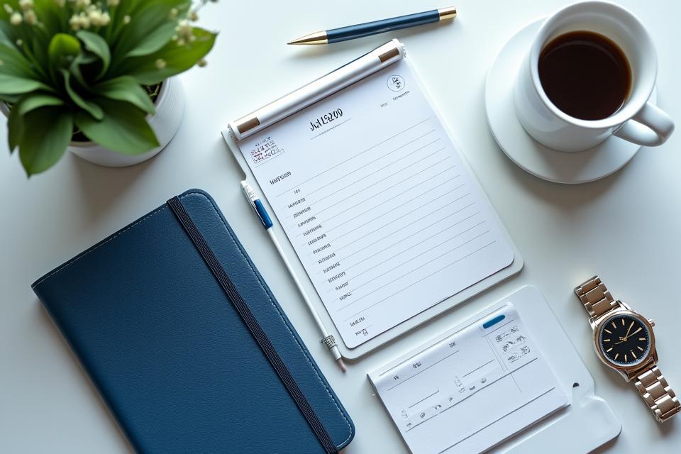 A well-organized desk with a planner, elegant pen, and a tablet displaying a calendar, symbolizing seamless life management.
