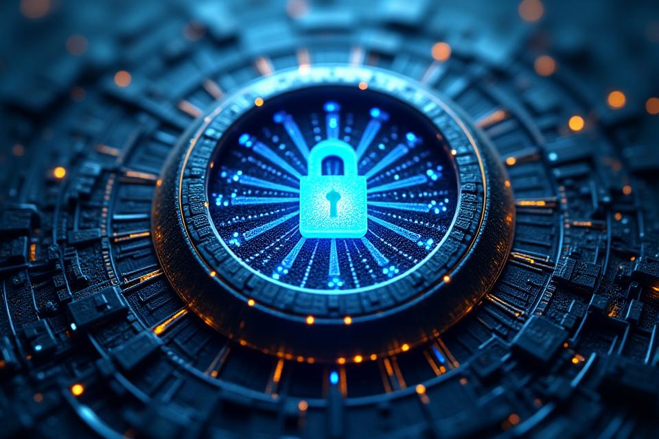 Abstract representation of digital security and privacy, with intertwining lines forming a protective barrier around sensitive data icons.