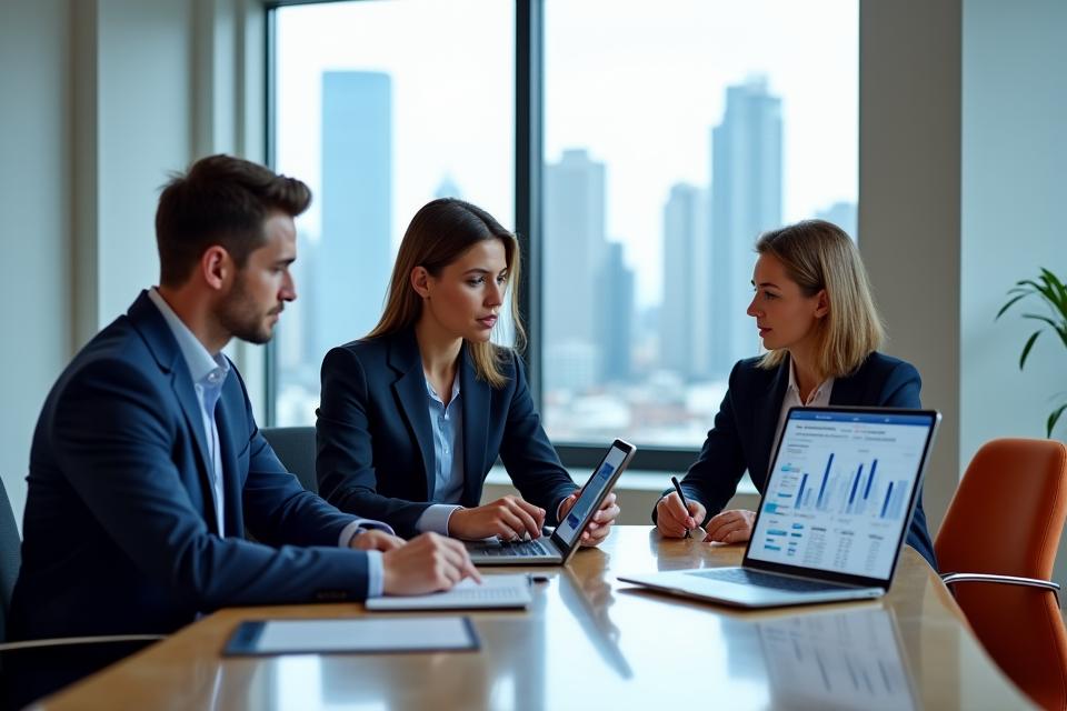 A diverse team of financial advisors collaborating around a table, analyzing financial data on a tablet and laptop, symbolizing comprehensive financial strategic planning.