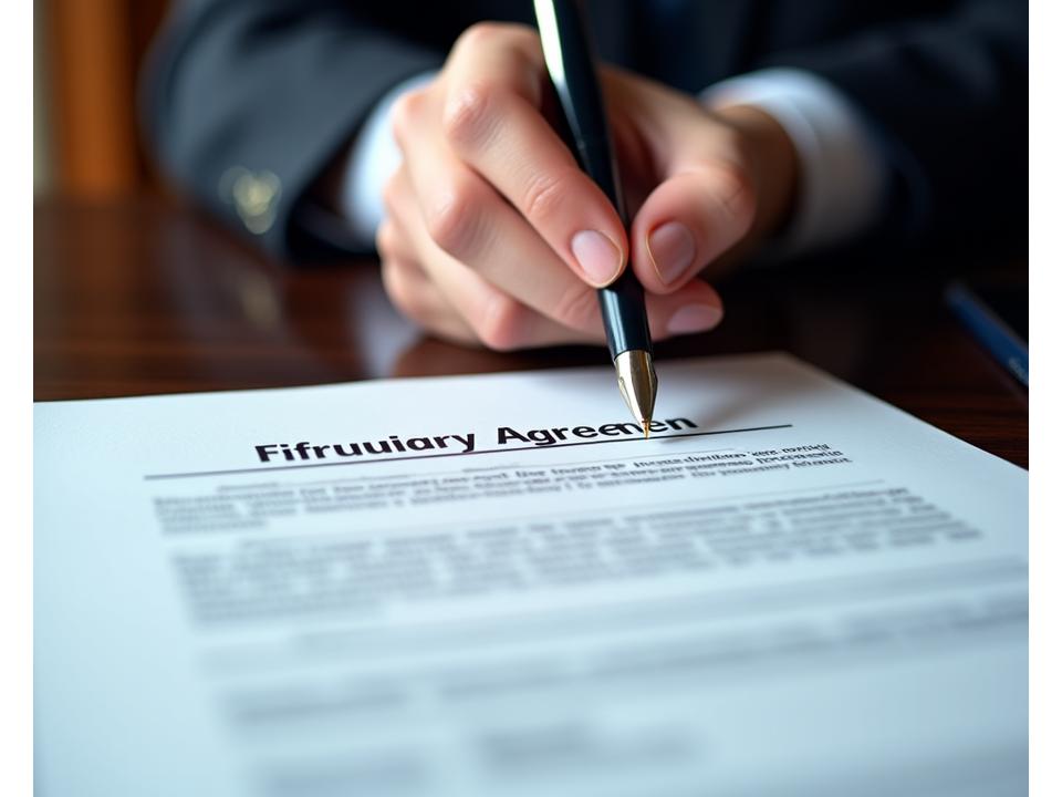 A hand holding a pen, poised over a document that reads 'Fiduciary Standard Agreement', in a professional, modern office setting. Symbolizing trust and commitment.