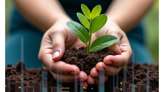 Hands planting a sapling in soil, surrounded by financial charts