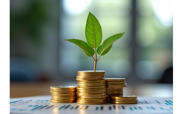 Green plant growing out of coins representing sustainable investment