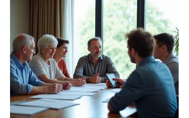Multi-generational family meeting with advisor in a modern office