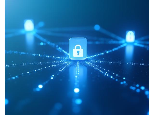Abstract depiction of secure data transfer between interconnected nodes with a lock icon, symbolizing encrypted and authorized information sharing.