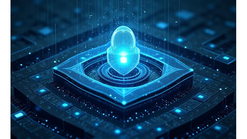 Cybersecurity graphic with layers of protection, data lock icons, and digital security lines, representing robust defense mechanisms.