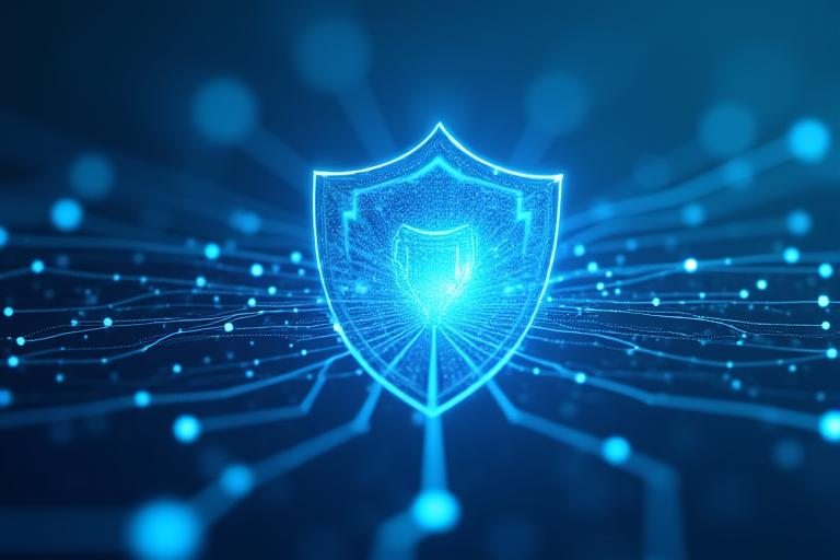 Stylized abstract depiction of digital data flow and security, with light blue and primary blue tones, representing intellectual property protection.